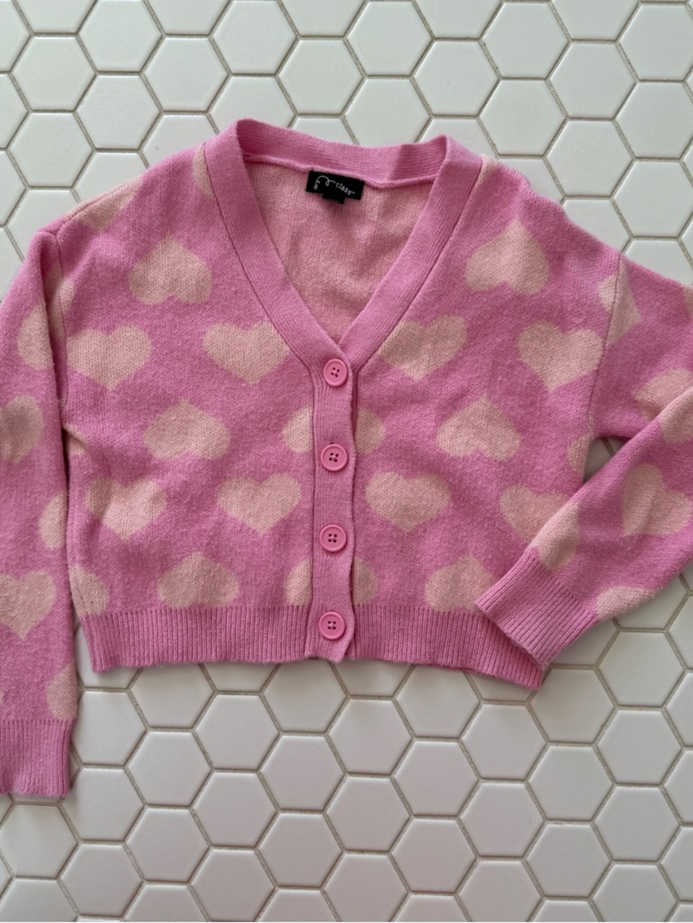 Cute Pink Heart-Print V-Neck Cardigan Sweater